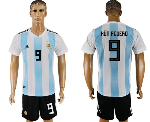 Argentina #9 Kun Aguero Home Soccer Country Jersey